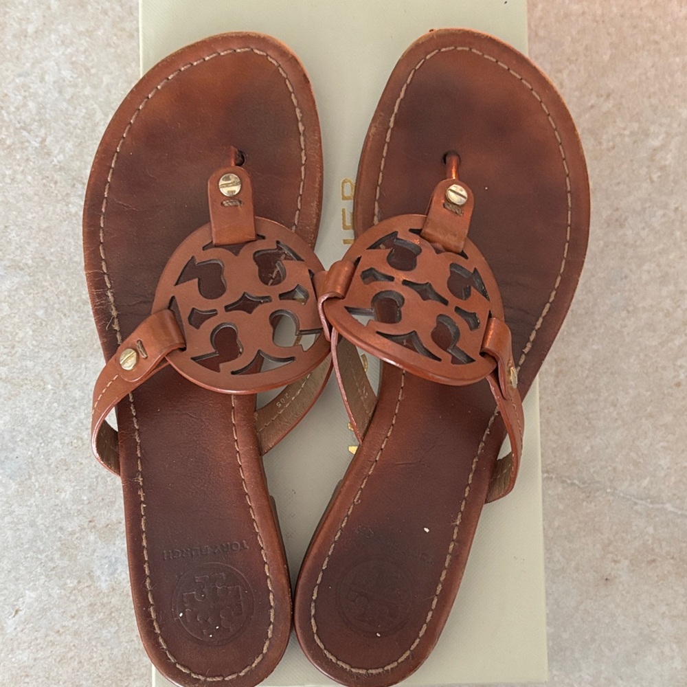 Tory Burch Brown Leather Logo Thong Sandals